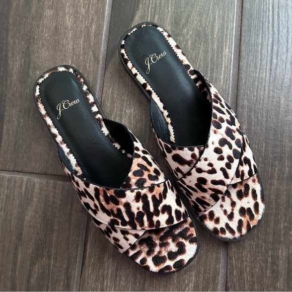 J. Crew Wide Cross Trap Ingrid Sandal Leopard Calf Hair Sz 7 - Picture 3 of 11